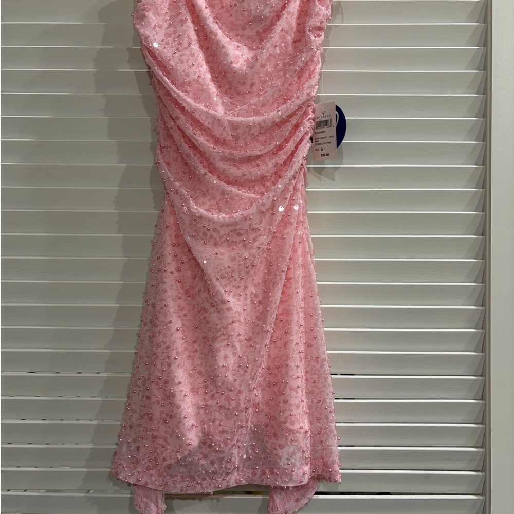 New Windsor Pink Sequin Ruched High-Low Dress